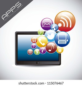 tablet computer with icons over gray background. vector