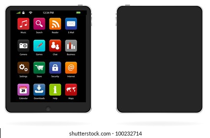 Tablet computer with icons, realistic vector illustration.