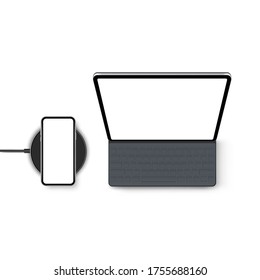 Tablet computer with keyboard and smartphone on wireless charger, isolated on white background. Modern devices with blank screens, view from above. Vector illustration