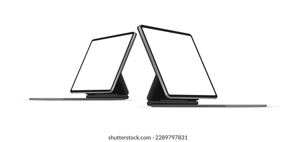 Tablet Computer With Keyboard Stand, Side Perspective View, Isolated on White Background. Vector Illustration