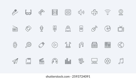 Tablet and computer, laptop and speakers, microphone thin black outline symbols vector illustration. Device and smart multimedia gadget to play and record music, listen sound line icon set