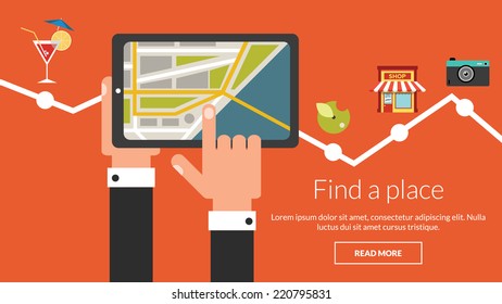 Tablet computer with map and many places. Vector concept for online advertising 
