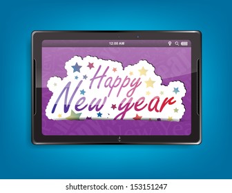 Tablet computer with the message "Happy new year" on a blue background. (EPS10 Vector)