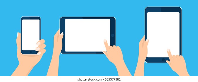 Tablet Computer, Mobile Icon Set. Hand Holding And Touch Device. Template Horizontal, Vertical Blank White Screen, Mock Up. Sign Isolated On Blue. Vector Cartoon Flat Illustration For Website, App, UI