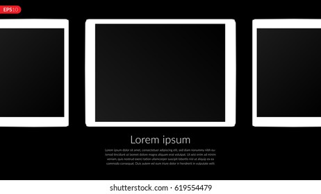 Tablet computer, mobile, mockup composition isolated on black background with blank screen. Front view white tablet realistic vector illustration for printing and web element.