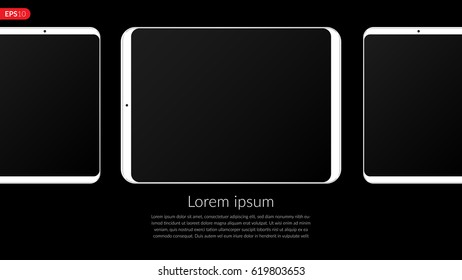 Tablet computer, mobile, mockup composition isolated on black background with blank screen. Front view white tablet realistic vector illustration for printing and web element.