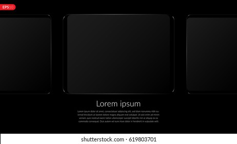 Tablet computer, mobile, mockup composition isolated on black background with blank screen. Front view black tablet realistic vector illustration for printing and web element.