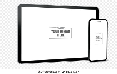 Tablet Computer and Mobile Phone Screen Perspective View Mockup. Digital devices template vector illustration with transparent background.