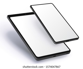 Tablet Computer and Mobile Phone Vector Illustration Concept With Black Frame and White Screen. Easy Editable Perspective View and White Background