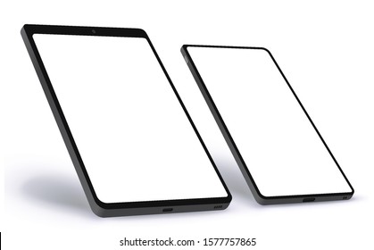 Tablet Computer and Mobile Phone Vector Illustration Concept With Black Frame and White Screen. Easy Editable Perspective View and Transparent Background