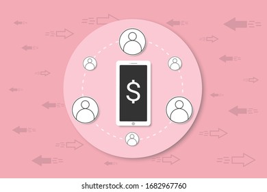 ordenador con dinero Icono en fondo rosado. - compra, venta y concepto de comunicación.