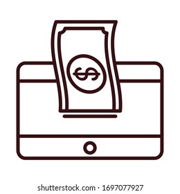 tablet computer money transfer shopping or payment mobile banking vector illustration line style icon