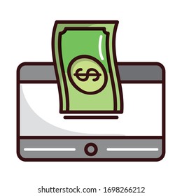 tableta ordenador transferencia dinero compra o pago banca móvil ilustración vectorial línea y relleno icono