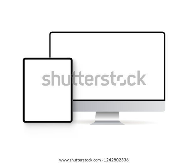 白い背景にタブレットコンピュータと空の画面を持つモニタ ウェブサイトのデザインを紹介する最新のデバイスのモックアップ ベクターイラスト のベクター画像素材 ロイヤリティフリー