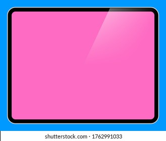 Tablet computer, pad or mobile device with blank touchscreen display in thin flat package. Portable personal gadget with black frame and flare on blue background. Vector mockup empty template.