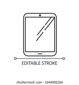 Tablet computer pixel perfect linear icon. Touch screen PC. Electronic gadget. Digital reading. Thin line customizable illustration. Contour symbol. Vector isolated outline drawing. Editable stroke