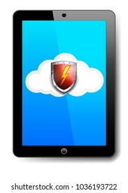 Tablet Computer Protection Red Shield on Cloud with Lightning Bolt Safeguard Icon, Symbol