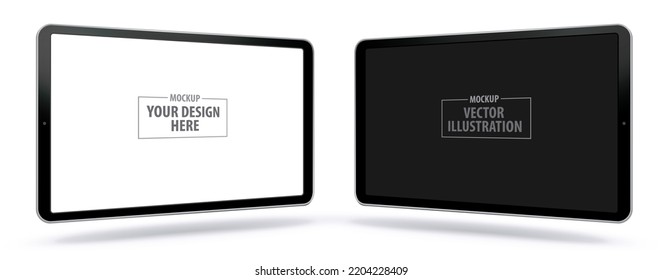 Tablet Computer Realistic Vector Mockup With Perspective View. Horizontal Tablet PC Screens Isolated on White Background.