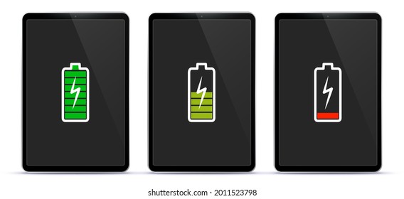 Tablet Computer Screen With Full, Mid and Low Battery Charge Indicator Icons. Realistic Tablet PC Vector Mockup Illustration.