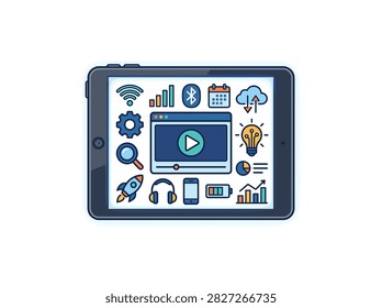 Tablet Computer Screen Illustration with Multimedia Icons and Connectivity Apps