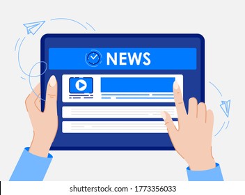Tablet computer screen mockup modern flat design vector illustration concept for work anywhere. Breaking news. Copy space. Editable template vector illustration. Finger pointing to touch screen.