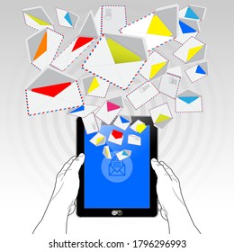 A Tablet Computer sending and receiving email (electronic mail) via a high speed 5G mobile connection. Illustrated is a stream of email randomly emitting / streaming from its display screen.