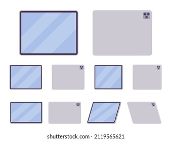 Tablet computer, silver white horizontal mobile computing device. Office, home gadget without power button. Vector flat style cartoon illustration isolated, white background, different views, position