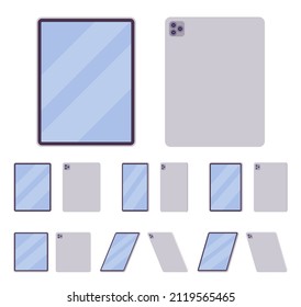 Tablet PC, dispositivo de computación móvil vertical plateado blanco. Office, gadget doméstico sin botón de encendido. Ilustración de dibujos animados de estilo plano vectorial aislada, fondo blanco, diferentes vistas, posiciones