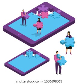 Tablet computer, smartphone in  form of puzzle. People are holding pieces of puzzle. 3D template for design of infographics, presentations, app, website. Set of isolated objects on white background