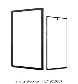 Tablet computer and smartphone mockup with perspective side screens, isolated on white background. Vector illustration