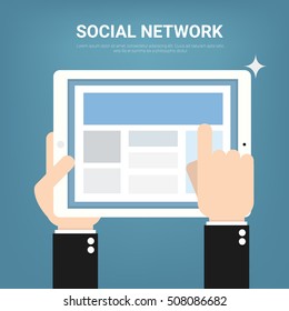 Tablet computer with social network and in businessman hands