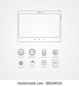 Tablet computer specification with flat line icons. Gadget description.