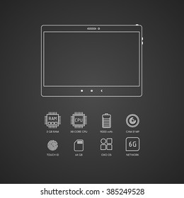 Tablet computer specification with flat line icons. Gadget description.