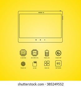 Tablet computer specification with flat line icons. Gadget description.