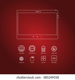 Tablet computer specification with flat line icons. Gadget description.