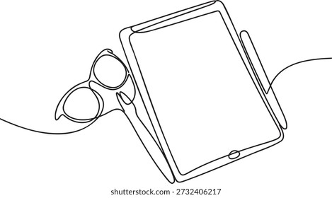 Ordenador de la tableta con el lápiz óptico y las gafas de sol en el dibujo continuo de la línea del fondo transparente. Concepto de estilo de vida moderno. Diseño minimalista simple para temas de tecnología y ocio. Dispositivo digital con accesorios de moda.