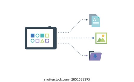 Tablet computer transferring digital files to document, picture, and download folder icons in a flat style.