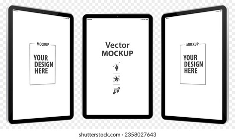 Tablet Computer Vector Mockup Illustration with Perspective View.  Tablet PC Screens Isolated on Transparent Background.