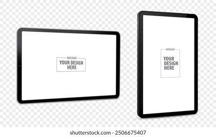 Ilustración de maqueta de Vector de computadora de tableta con vista de Perspectiva Horizontal y de Vertical. Pantallas de Tablet PC aisladas sobre fondo transparente.