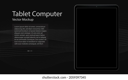 Plantilla de simulación de vectores de Tablet PC con pantalla negra y fondo abstracto de color oscuro.
