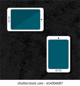 Tablet Computer in Vertical and Horizontal Position Isolated Electronic Digital Device Illustration - Blue Grey and White Elements on Black Paper Background - Vector Colored Technical Sketch Graphic