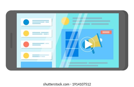 Tablet computer with video player on the screen. Mobile collection of films. Cloud technologies for video collection. Smartphone with application, social network page, online store business page