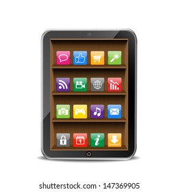 tablet computer with wooden shelf