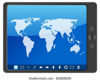 Tablet computer with world map on a white background. Vector illustration.