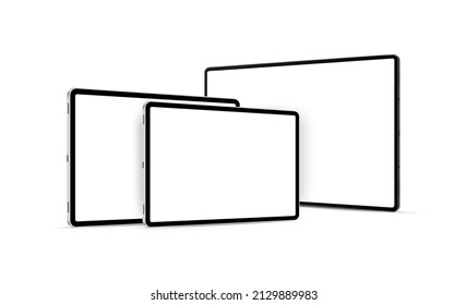 Tablet Computers With Blank Screens, Side Perspective Views, Various Sizes. Vector Illustration