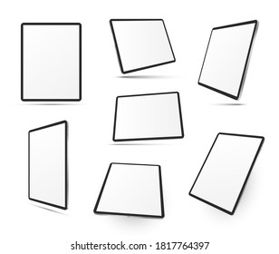 Tablet computers in different positions realistic mock ups set. Top, side, three quater, perspective view. Mobile devices with touchscreen display. Copy space. Vector templates collection on white.