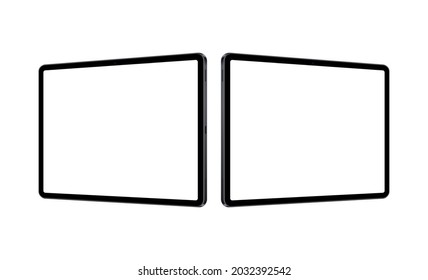 Cuadros de Tablet PC Mockups horizontales con pantallas en blanco, vista lateral de perspectiva, aislados en fondo blanco. Ilustración vectorial