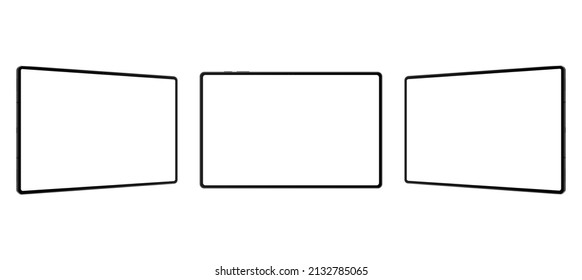 Tablet Computers Mockups with Blank Horizontal Screens, Front and Side View, Isolated on White Background. Vector Illustration