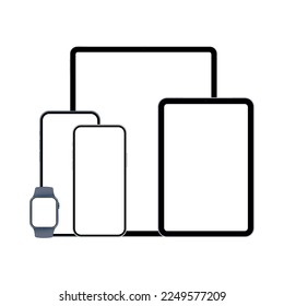 Computadoras, Teléfonos, Relojes. Aparición de dispositivos móviles con pantallas en blanco, aisladas en fondo blanco. Ilustración vectorial