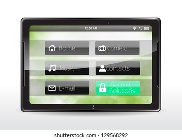 Tablet concept with a cyan "Security Solutions" button